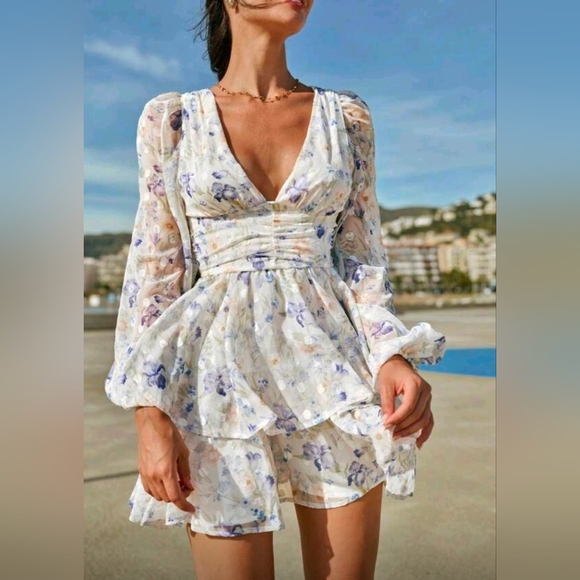 New Flowy Floral Dot Bishop Sleeve Tiered Mini Ruffle Dress White Blue Purple - Picture 3 of 10